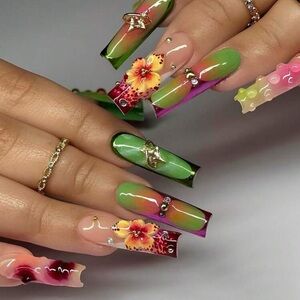 Colorful Floral Press On Nails with Rhinestones